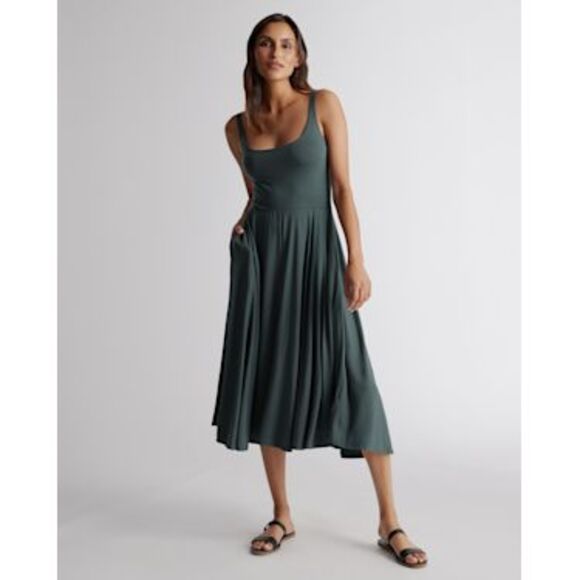 Quince Tencel Jersey Fit & Flare Dress Dark Olive Basic Sleeveless S - Picture 1 of 3